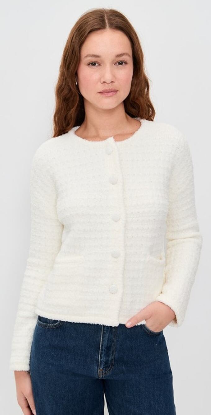 Barefoot Dreams CozyChic Textured Knit Button Front Cardigan in Pearl Womens XS